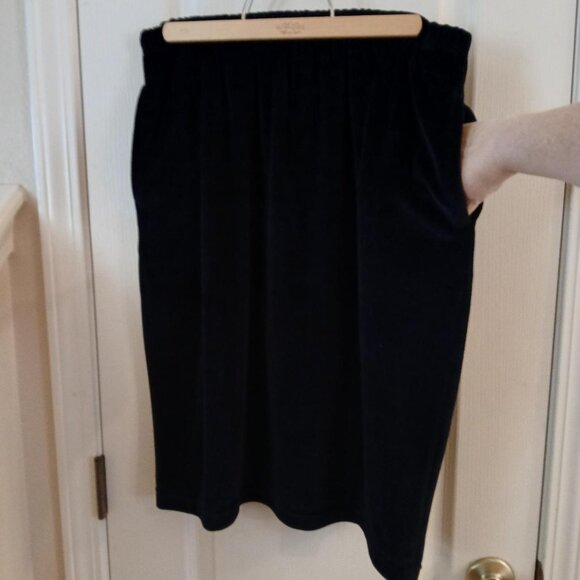 Vintage Y2K black velvet velour midi skirt elastic waistband & pockets Sz L - Picture 3 of 4